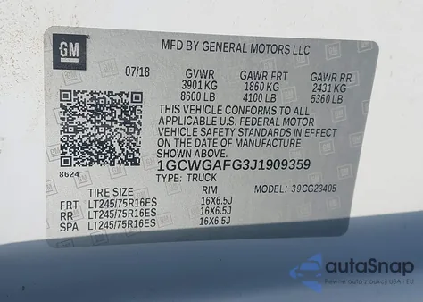 2018 Chevrolet Express 2500 Work Van z USA, uszkodzony, nr VIN 1GCWGAFG3J1909359